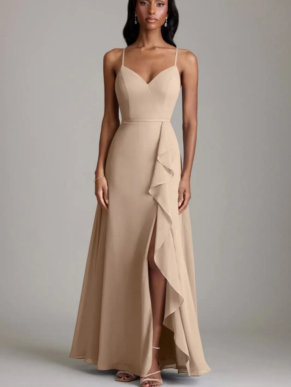 Azazie Naeem Taupe A-Line V-Neck Ruffle Chiffon Dress Size 4 A4